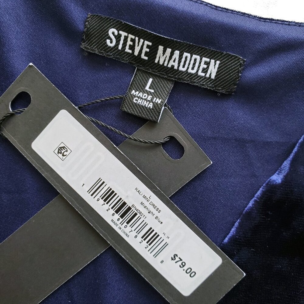 NWT Steve Madden Midnight Blue Kali Empire Waist Crushed Velvet Mini Dress L - Picture 9 of 16